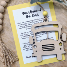 Load image into Gallery viewer, A wooden bus driver ornament in the shape of a school bus with an appreciation for the safe ride message card.