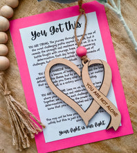 Load image into Gallery viewer, Wooden breast cancer support ornament charm with inspirational you are not alone message card.
