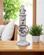 Load image into Gallery viewer, Rustic handmade weathered white distressed wooden story charm ornament holder display stand.
