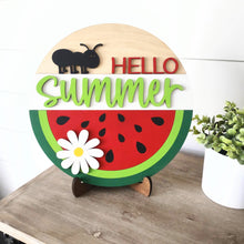 Load image into Gallery viewer, Watermelon Hello Summer Sign with a juicy watermelon, ant and daisy depicted.
