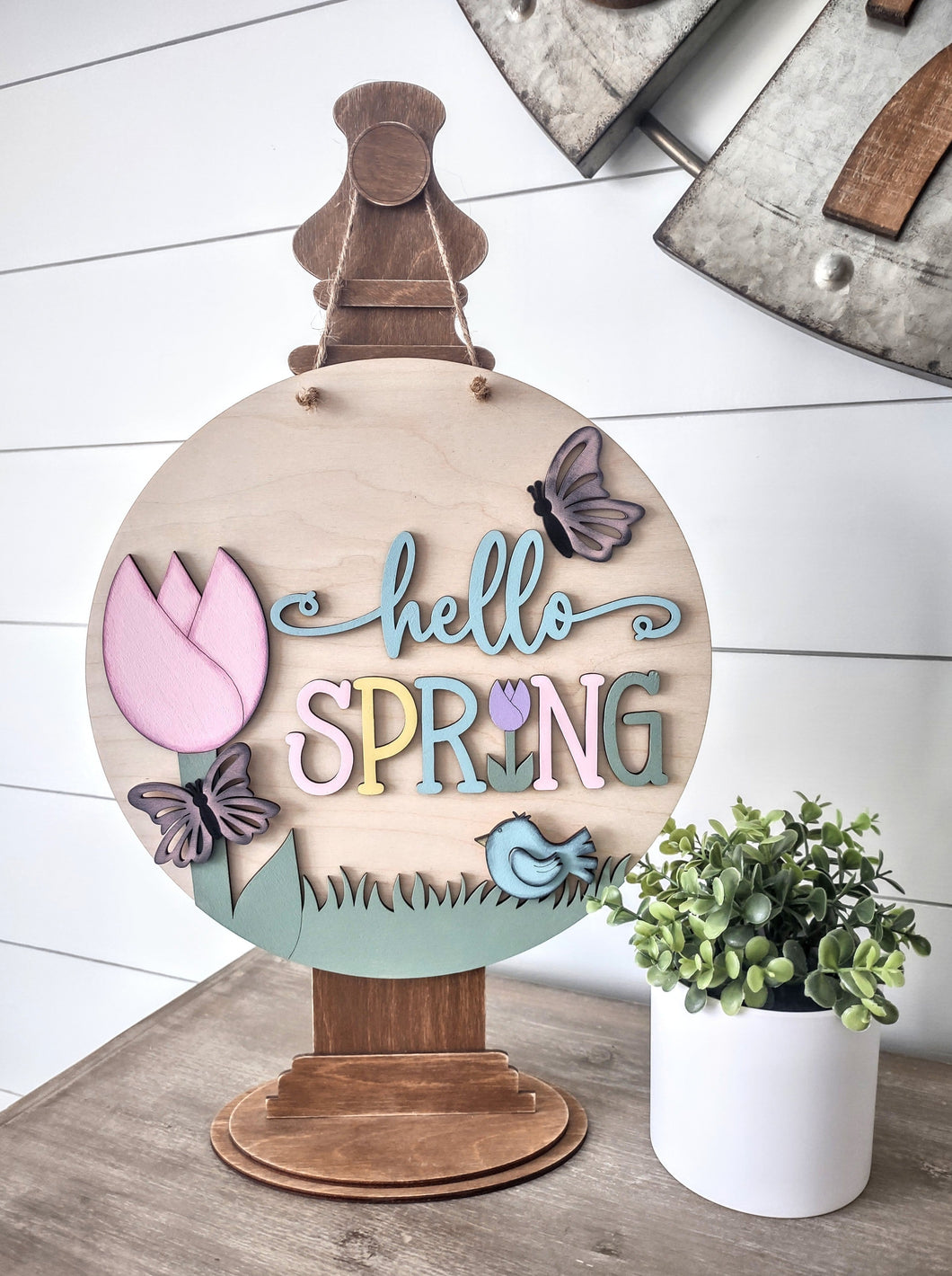 Hello Spring Tulip & Butterflies 3D Layered Wood Sign