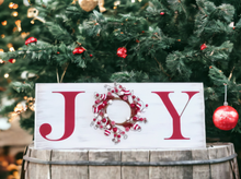 Load image into Gallery viewer, JOY w/ Christmas Candy Wreath Wood Sign
