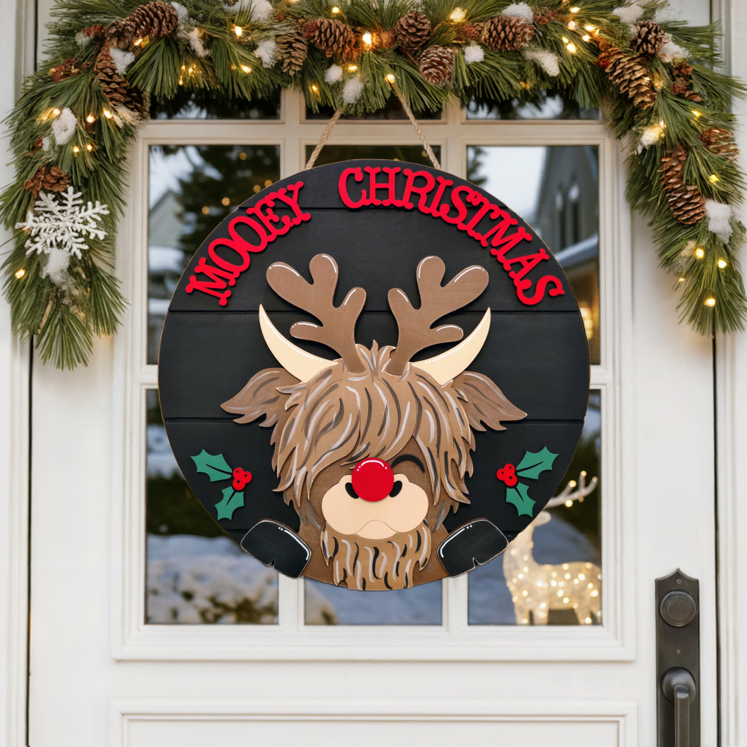 Mooey Christmas Highland Cow Layered Wood Sign