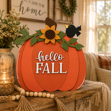 Load image into Gallery viewer, Hello Fall Pumpkin | Freestanding Pumpkin Layered Wood Sign
