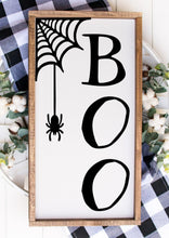 Load image into Gallery viewer, Boo Halloween handmade painted wood sign with spider and web
