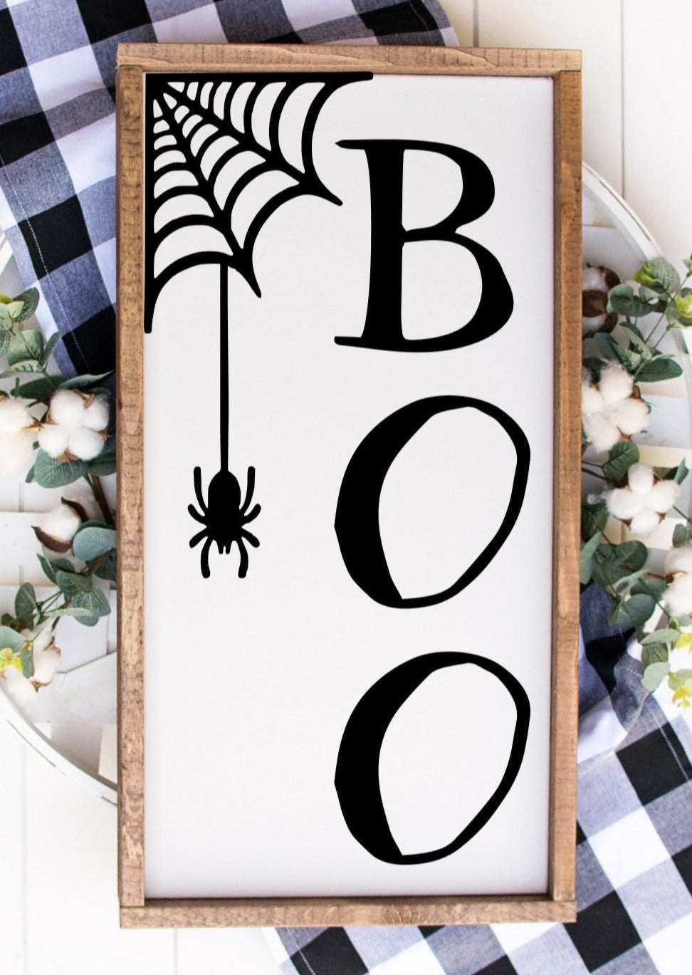 Boo Halloween handmade painted wood sign with spider and web